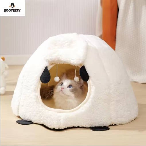 BOOTEELY Winter Warm Sheep Shape Cat Villa Semi-Closed Three-Dimensional Cat House Four Seasons Universal Cat Bed - Image 2