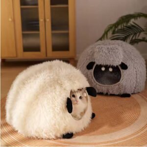BOOTEELY Winter Warm Sheep Shape Cat Villa Semi-Closed Three-Dimensional Cat House Four Seasons Universal Cat Bed