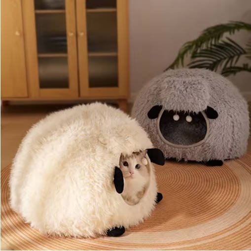 BOOTEELY Winter Warm Sheep Shape Cat Villa Semi-Closed Three-Dimensional Cat House Four Seasons Universal Cat Bed