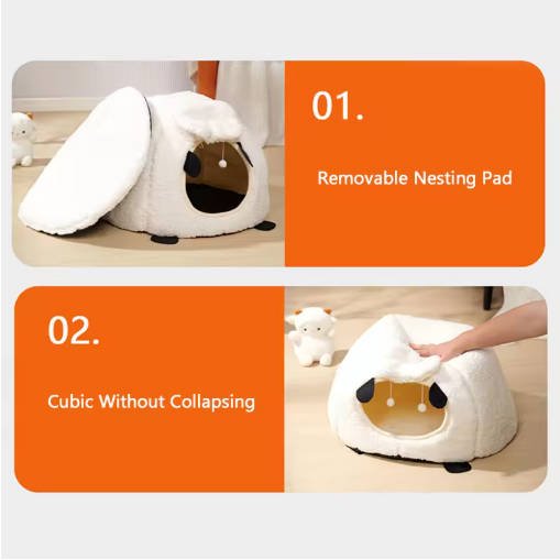 BOOTEELY Winter Warm Sheep Shape Cat Villa Semi-Closed Three-Dimensional Cat House Four Seasons Universal Cat Bed - Image 5